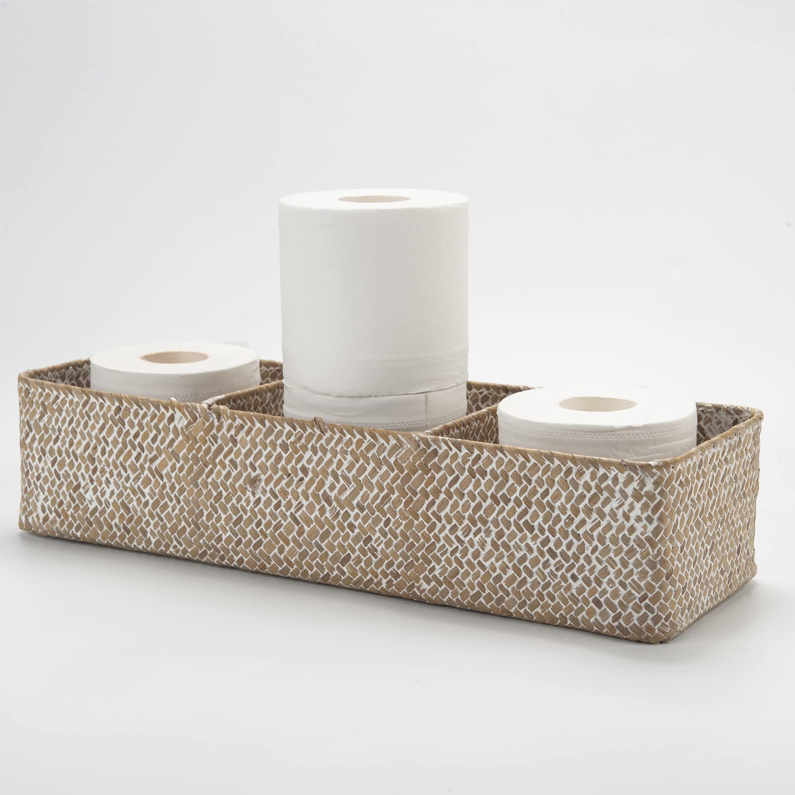 Seagrass Tank Basket for Toilet Paper 3 Sections Woven Storage Basket with Large Compartment (Whitewash 42cm x 14cm x 9cm)