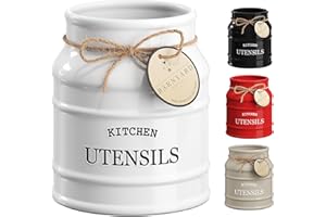 Barnyard Designs Ceramic Farmhouse Utensil Holder for Kitchen Counter, Large Rustic Utensil Crock, Countertop Cooking Tool Spatula Organizer, 6.75” (White)