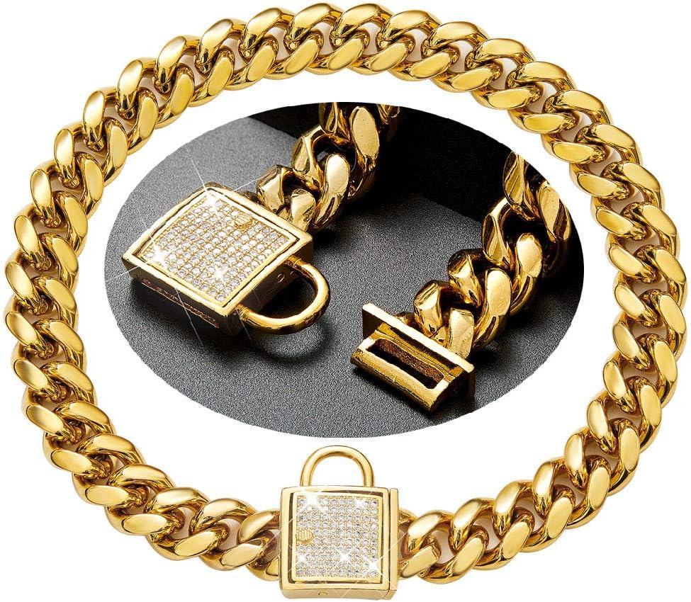 ZZOHAA Gold Pet Dog Collar Necklace with Diamond Buckle,Wide14mm