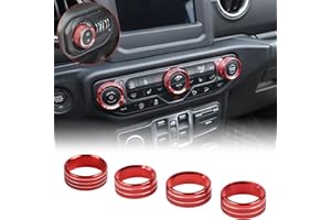 JeCar Air Conditioner Switch Knob Cover & Headlight Knob Cover Aluminum Alloy AC Button Trims Compatible with Jeep Wrangler 2018-2023 JL JLU & 2020-2023 Gladiator JT with Specific Dial Panel, Red