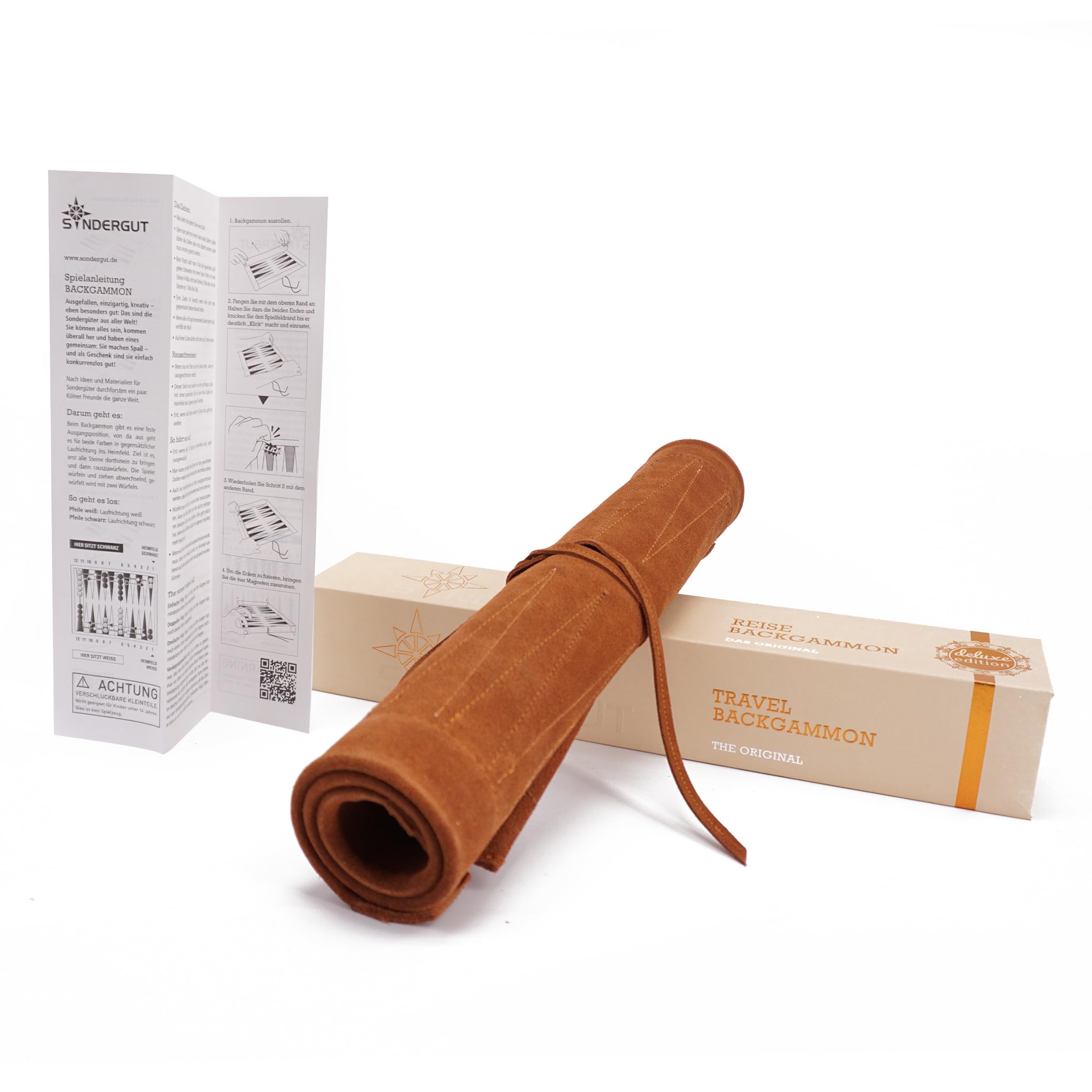 Sondergut Roll-up Portable Suede Deluxe Backgammon Game Set- Elegant Design - Pop-Up Playing Field - Ideal for RV Travel, Cruise, Airplane, Camping, Backpacking, Road Trips, Etc.