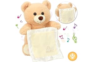 Hopearl Peek A Boo Bear with Security Blanket Interactive Repeats What You Say Plush Teddy Bear Toy Musical Singing Talking Stuffed Animal Adorable Electric Animate Birthday Festival, Beige, 11''