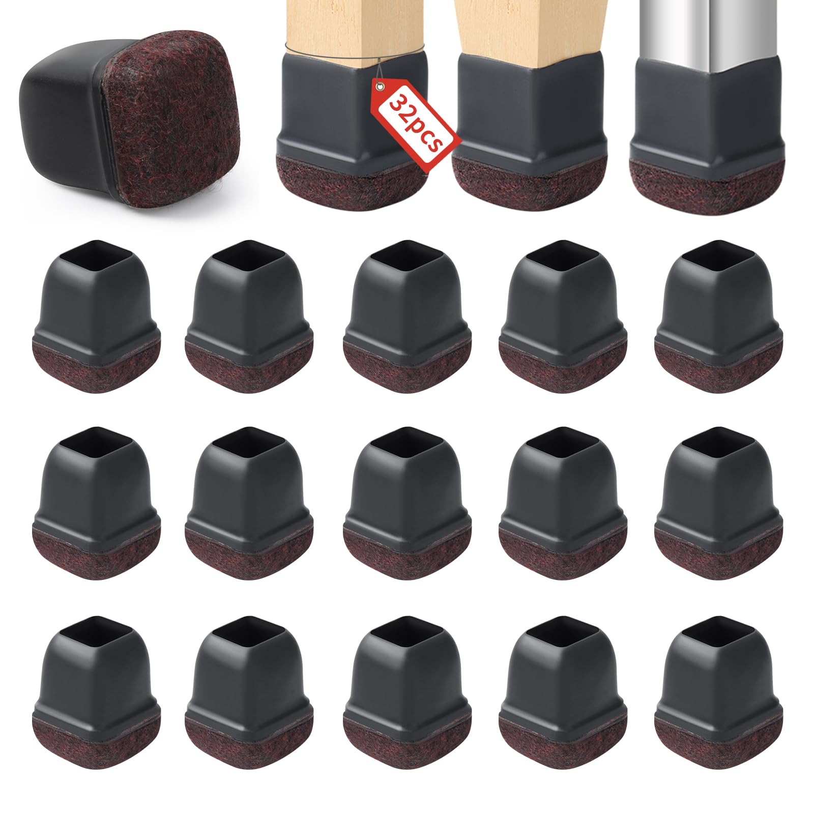 Ezprotekt Chair Leg Covers, 32PCS Small Silicone Floor Protectors, Black Chair Caps, Felt Bottom Soft Thermo Plastic Elastomer Furniture Feet Covers No Scratches (Fit 1-1.2", Square)