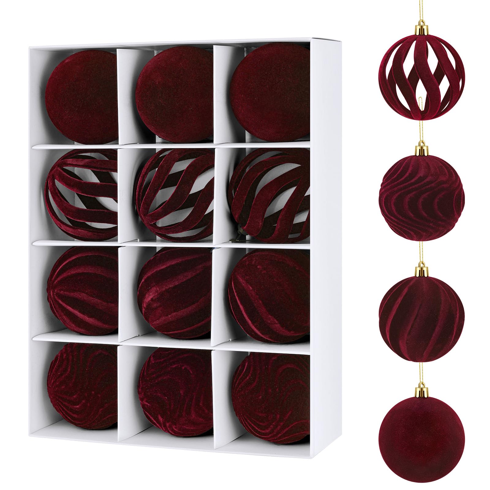 View 1 of 12Pcs 2.36in Velvet Christmas Tree Balls Ornaments Plastic Flocked Shatterproof Handmade Hanging Decoration Plush Balls Sets for Christmas (Burgundy)