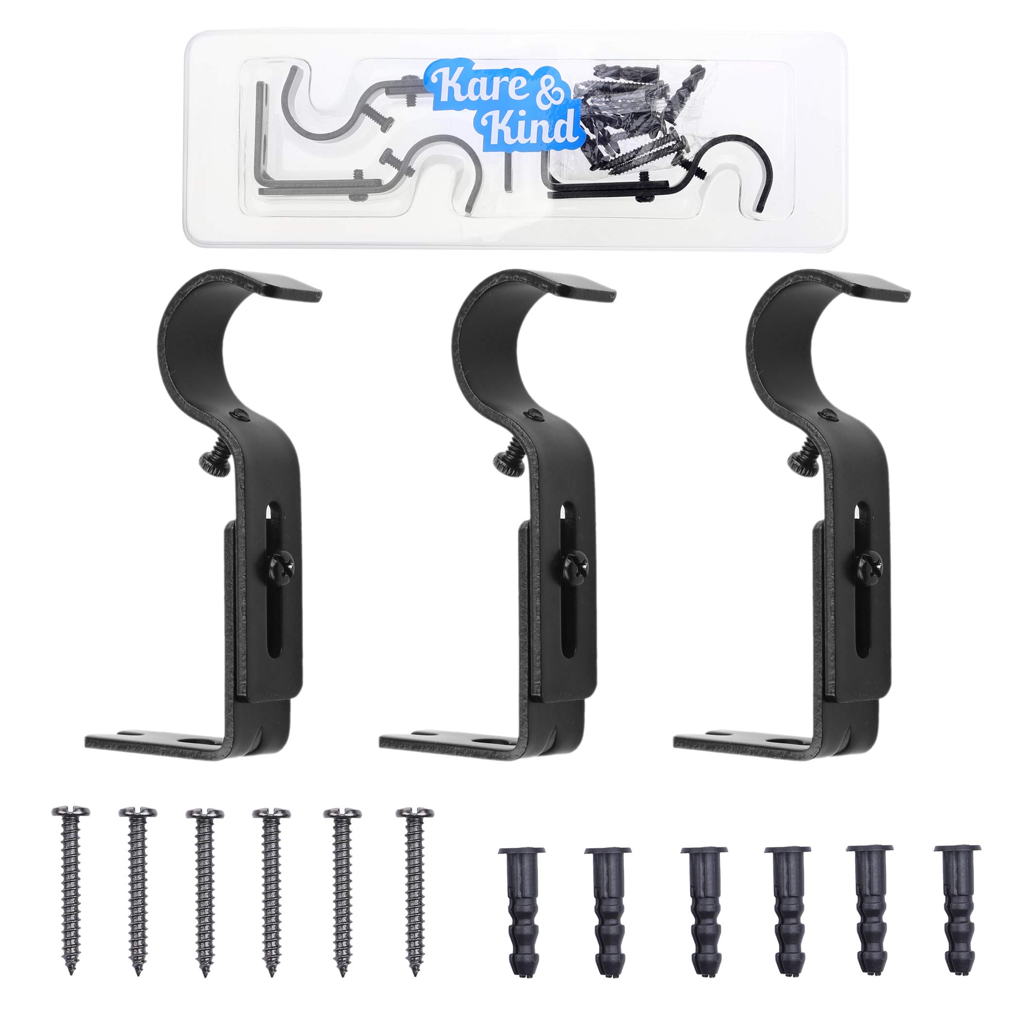 Kare & Kind Adjustable Brackets for Curtain Rods - Black - Set of 3 - Extendable Mounts - Use to Hold 1 Inch Rods for Light to Heavy Curtains, Fabrics, Draperies, Tapestries - Rust Proof Wall Mount