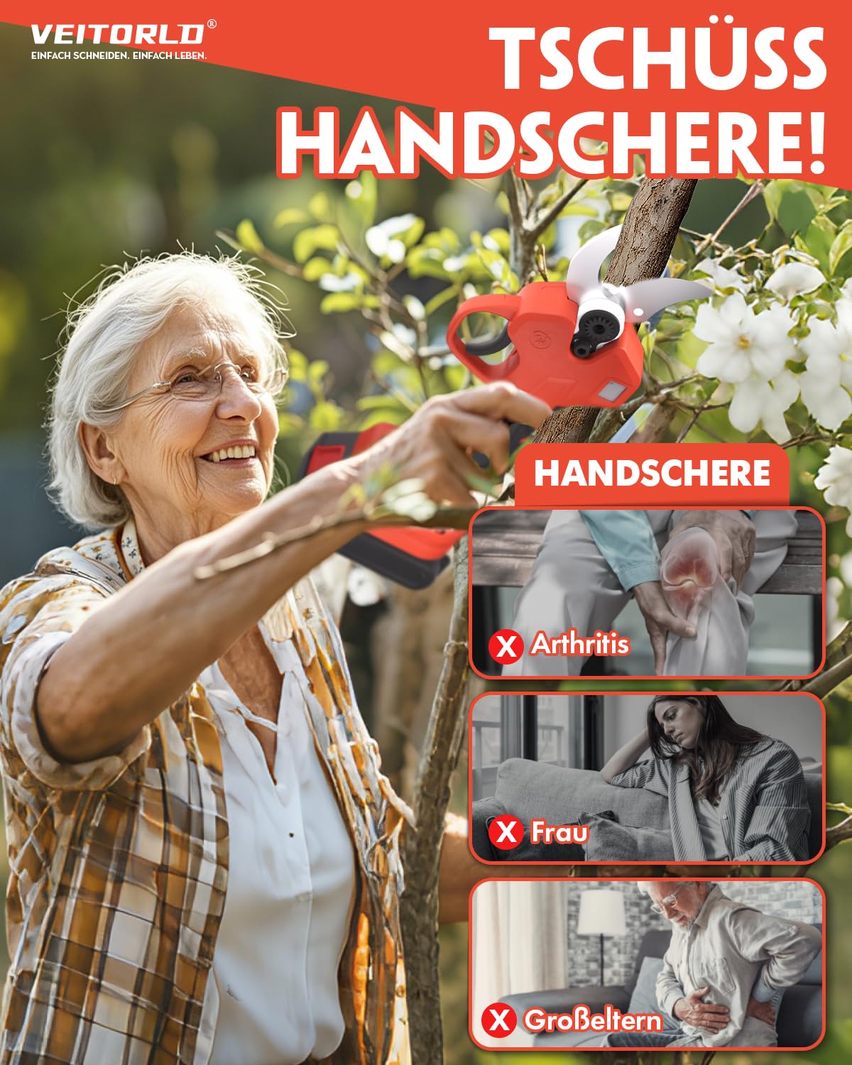 Veitorld Akku Astschere, 40MM Gartenschere mit 2 Akku 2000mAh, Bürstenloser Motor Baumschere, Kabellose Elektrisch Garten Schere mit LED-Schnittzählerm, Muttertag Geschenk für Mama Frauen 8