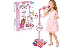 Megele Star Microphone with Stand, All in One Microphone Toy, 2025 New Karaoke Machine Toy with Music & Light, Adjustable Height