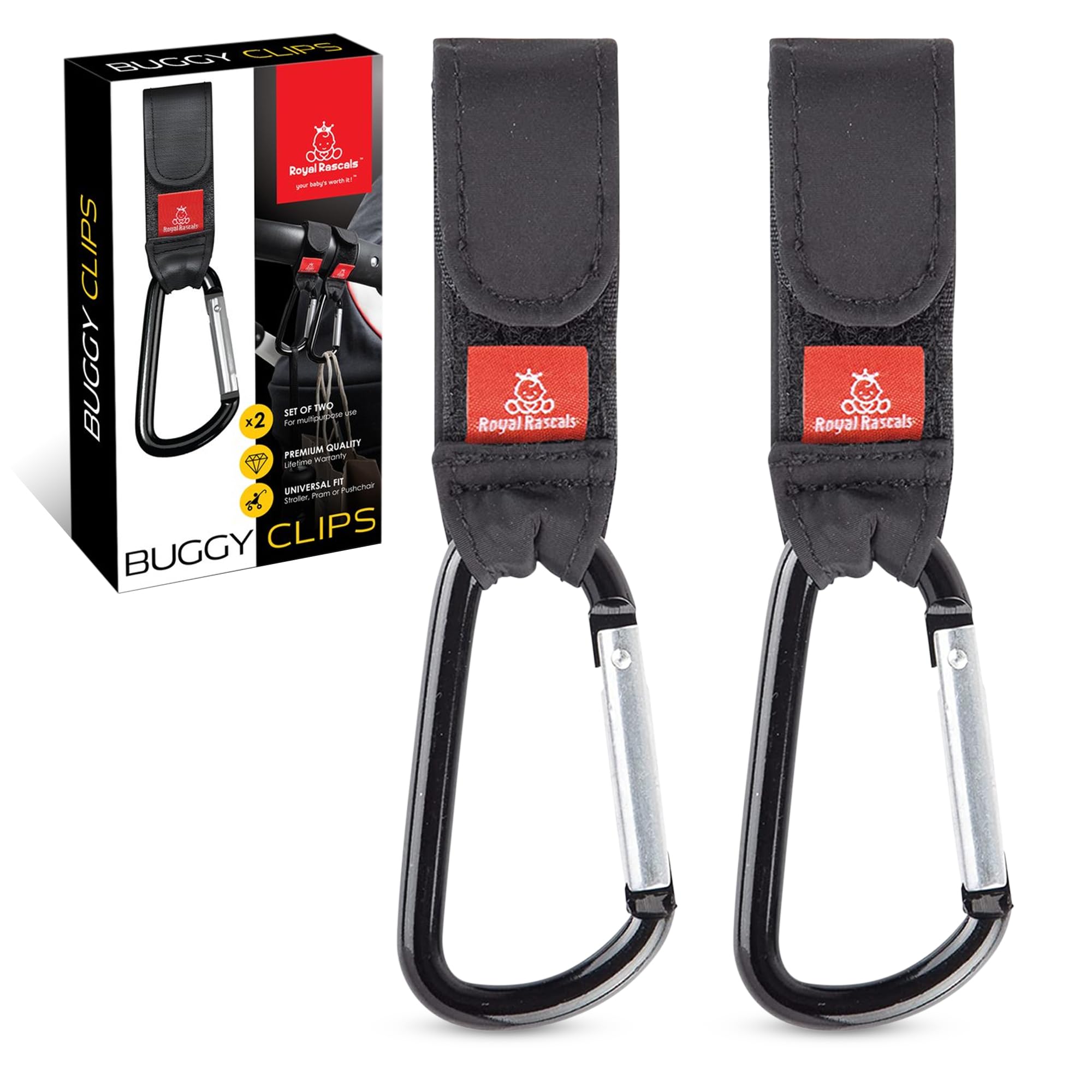 Royal Rascals Buggy Clips 2 Pack, Universal Fit Non-Slip Pram Clips, Holds 5kg - Baby Essentials for Newborn - Hold Baby Shopping Bag and Handbag, Black Carabiner Clips for Pushchair