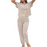SHENHE Women's 2 Piece Pajama Set Short Sleeve Button Top and Striped Pants Sleep Pjs Loungewear Set