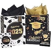 WRAPAHOLIC 16.5" Extra Large 2025 Graduation Gift Bag with Card and Tissue Paper - 2 Pack Black Gold Class of 2025 Paper Bag for Graduation Party