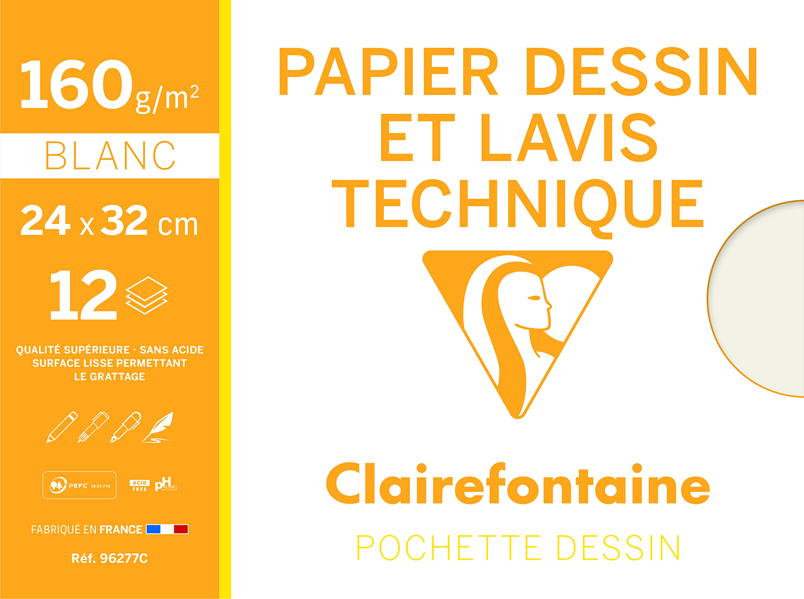 Clairefontaine - Ref 96277C - Technical Drawing Paper (Pack of 12 Sheets) - 24 x 32cm in Size, 160gsm Paper, Suitable for Light Washes, Envelope Packet
