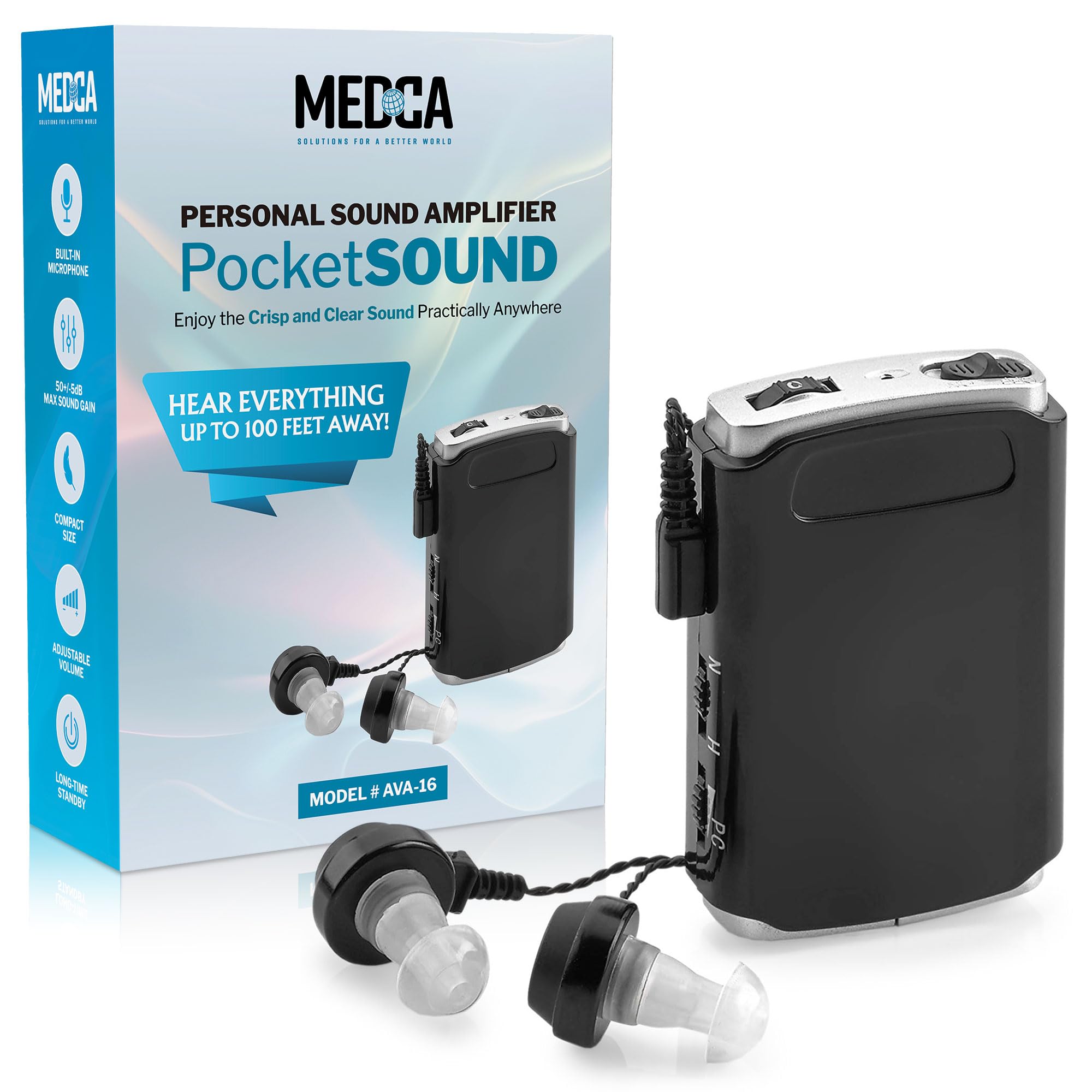 Pocket Sound Voice Enhancer Device with Duo Mic/Ear Plus Extra Headphone and Microphone Set, Personal Device by MEDca