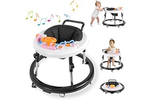 ErmeiRabbit Baby Walker Foldable, Baby Walkers and Activity Center for Boys Girls Babies 6-12 Months with Feeding Tray & Music, and 5 Adjustable Heights, Baby Walker with Wheels……