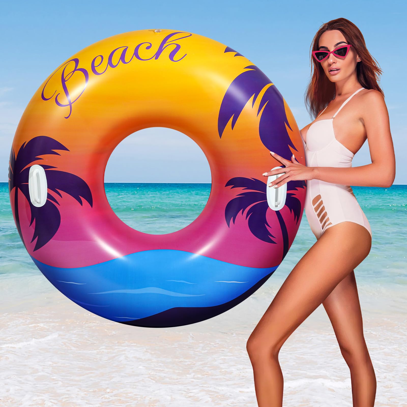 Photo 1 of HeySplash Pool Tubes for Adult, 42 Inch Large Pool Floats with Handles, Inflatable Swim Rings Lounge, Hawaii Fun Swim Floaties Swimming Pool Beach Lake River Party Decoration Toys, Orange Purple Beach