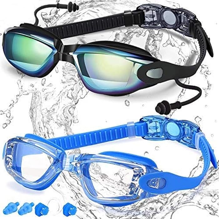 Swim Goggles, Pack of 2, Swimming Goggles No Leaking Anti Fog UV Protection Triathlon for Adult Men Women Youth Kids Child, with Mirrored & Waterproof, UV 400 Protection Clear Lenses