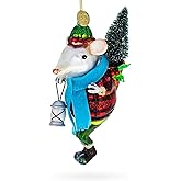Whimsical Mouse Carrying Lantern Glass Christmas Ornament