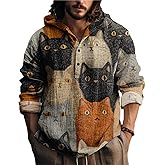 MARSVOVO Mens Japanese Art Long Sleeve Hooded Shirts Lightweight Quarter Button Hoodie Casual Cool Tops for Spring Fall