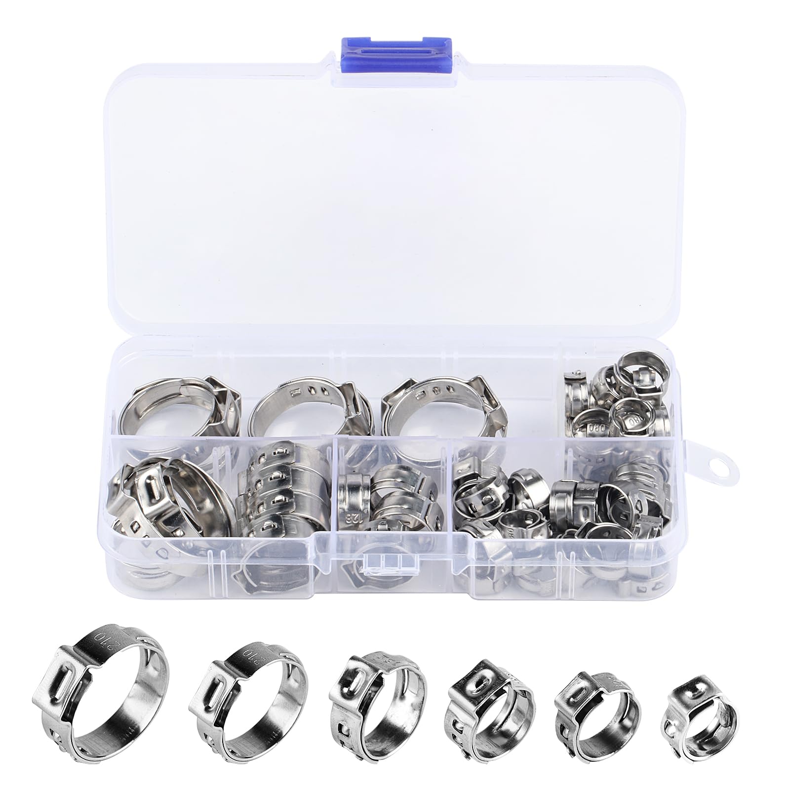 60 Pcs Hose Clips, Jubilee Clips Assorted Adjustable 6.8-25.6mm, 304 Stainless Steel Hose Clamps Set, Single Ear Stepless Worm Drive Pipe Clamps for Tube Water Pipe Pool Hoses