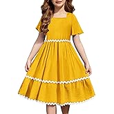 Arshiner Girls Summer Dress Flutter RIC Rac Tiered Short Sleeve Square Neck Casual Midi Dresses with Pockets