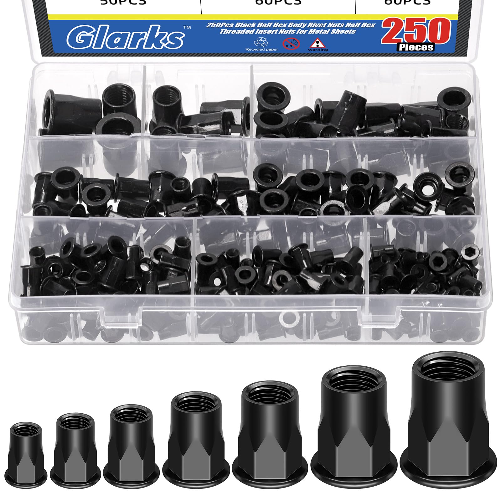 Glarks 250pcs Thread Half Hexagonal Rivet Nuts Set M3 M4 M5 M6 M8 M10 M12 Black Zinc Plated Carbon Steel Flat Head Rivnut Threaded Insert Rivet Nuts for Construction Industrial