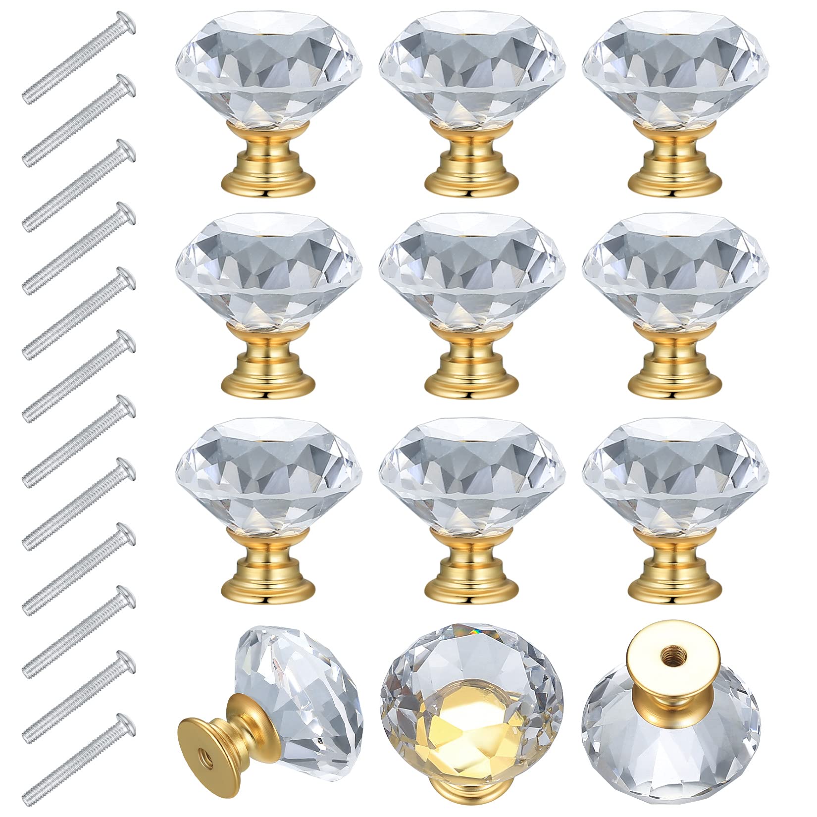 12PCS Crystal Glass Drawer Handles - Diamond Cut Door Knobs for Cabinets, Cupboards, Wardrobes (Golden Base) - Clear With Screws