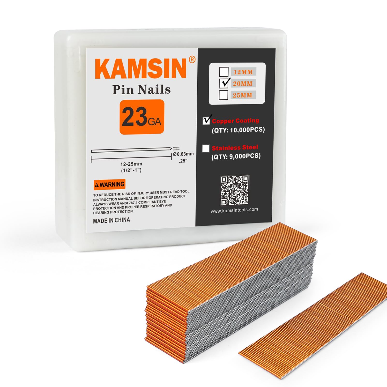 KAMSIN P620 Headless Pin Nails, 23 Gauge 3/4'' (20mm) Leg Length, Copper Coating, 10,000 PCS/Box, Pin Nails & Fasteners for Pneumatic Pin Nailer Air Pin Nail Gun