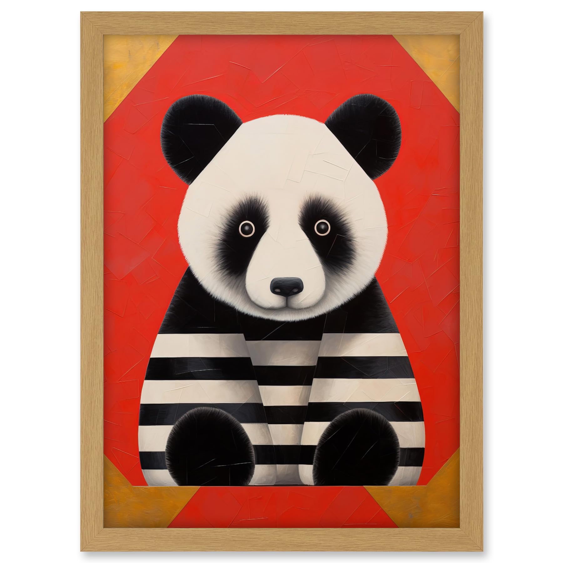 Artery8 Panda with Stripes Fun Kids Bedroom Baby Nursery Bright Bold Artwork Red Black White Artwork Framed A3 Wall Art Print