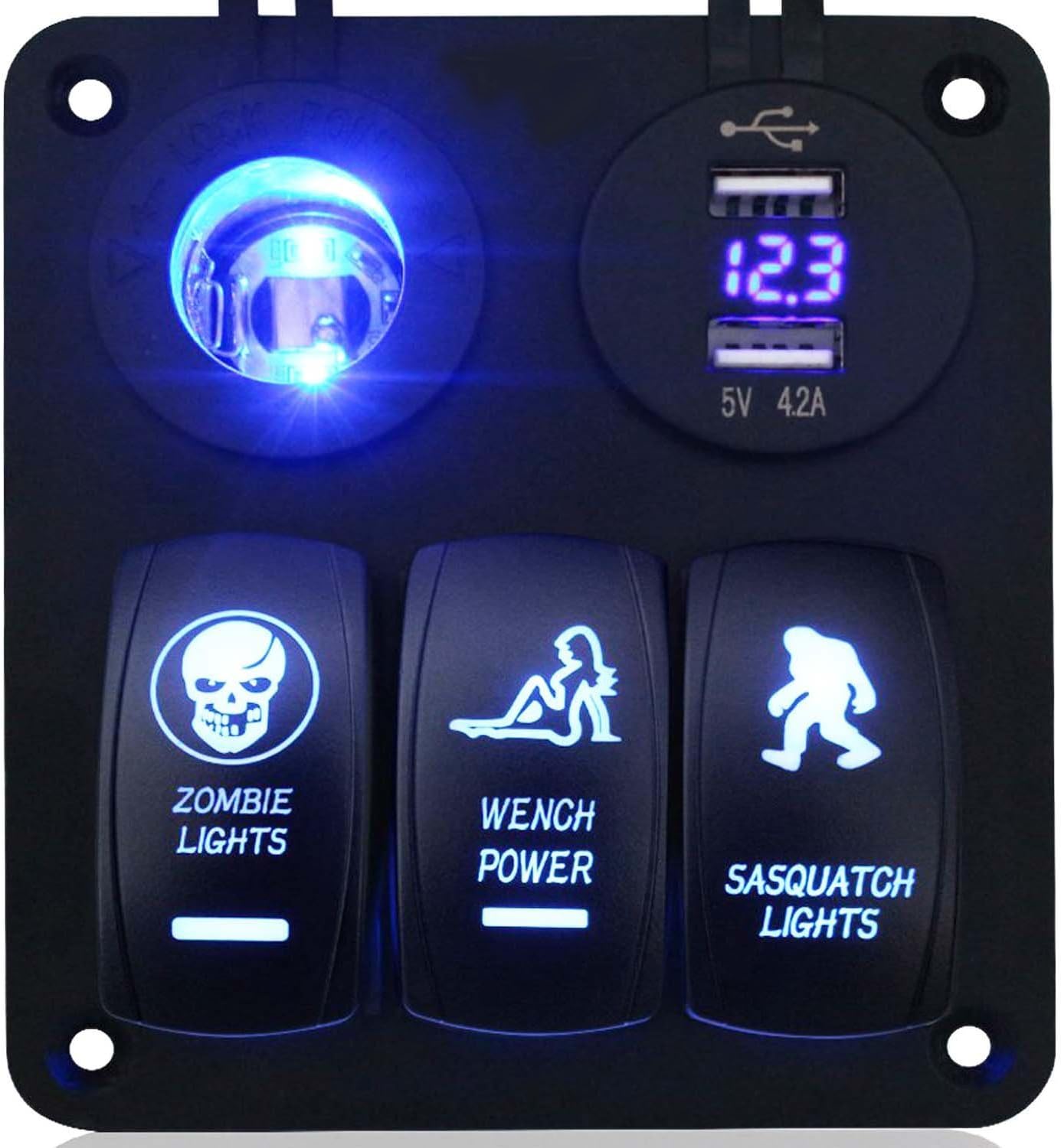 Switch Panel, FABOOD Waterproof 3 Gang Rocker Switches Panel with 12V/24V Cigarette Lighter Socket/DC 4.2A Dual USB Charger Ports and 3 LED Lights On/Off 5pin for Marine Boat Car RV