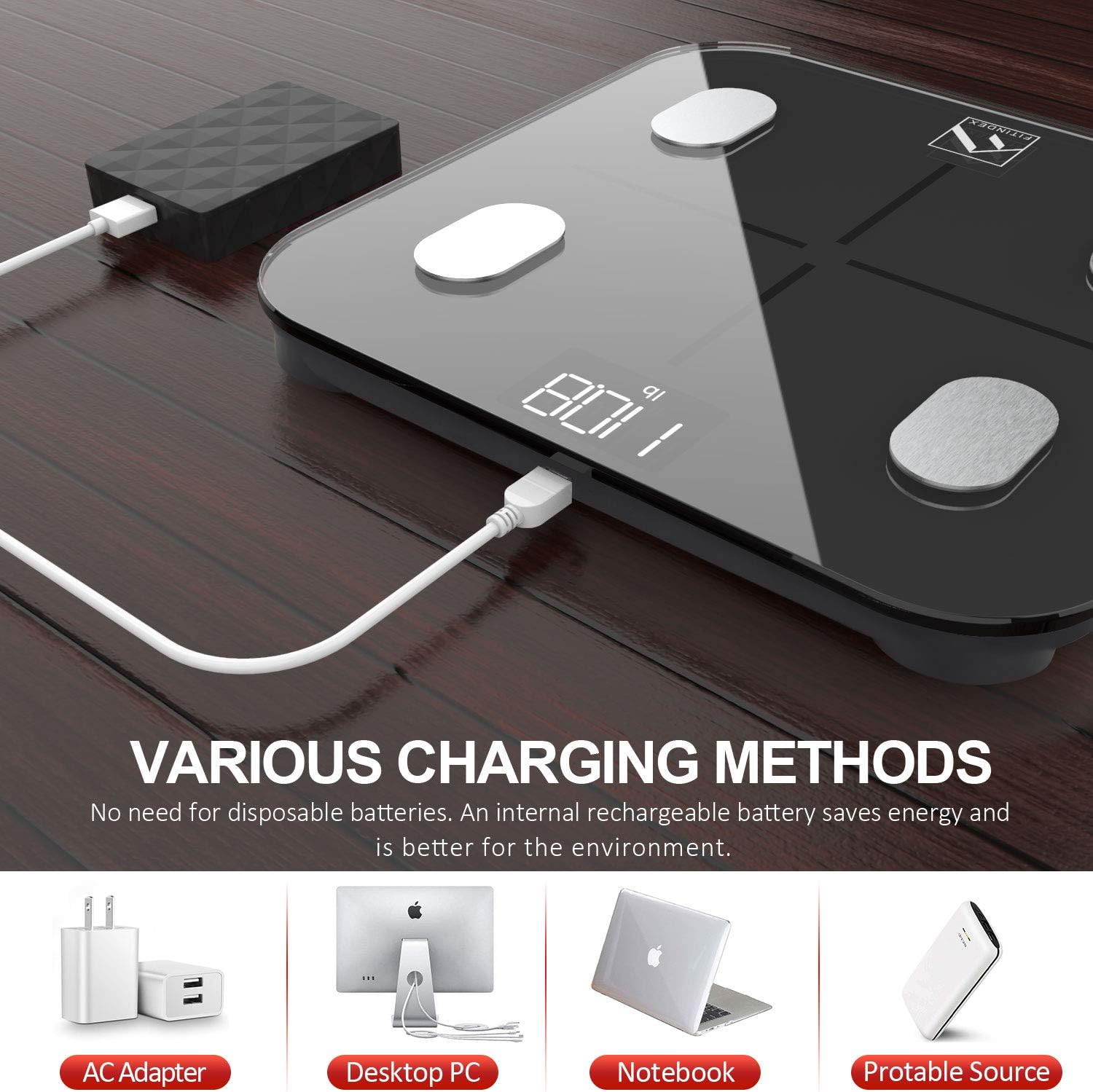 FITINDEX Smart Body Fat Scale, BMI Bathroom Scale, Digital Body Composition Analyzer Rechargeable Weight Monitor with App for Smartphone: Health & Personal Care
