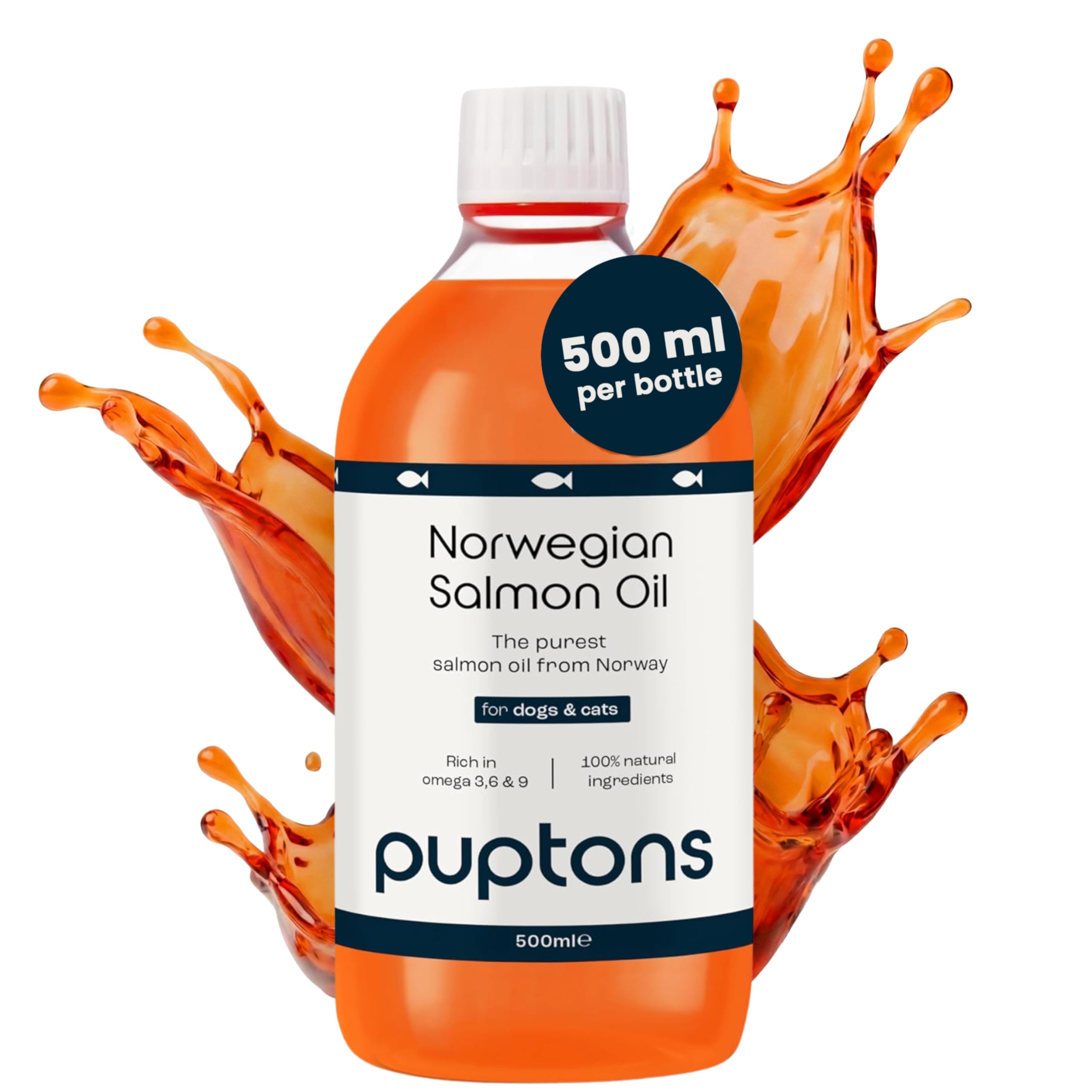 Puptons Norwegian Salmon Oil for Dogs & Cats | 500ml, Contains 21 Omega Fatty Acids | Fish Oil Supplement for Glossy Coat, Immune Support, Itchy Skin, Softer Paws, Joint & Brain Health | 500ml