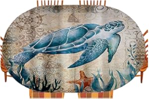 ESFVRG Sea Turtle Oval Table Cloth, Funny Blue sea Creature, Indoor Dining and Outdoor Patio Festival Use, Fits 42" x 60" Table