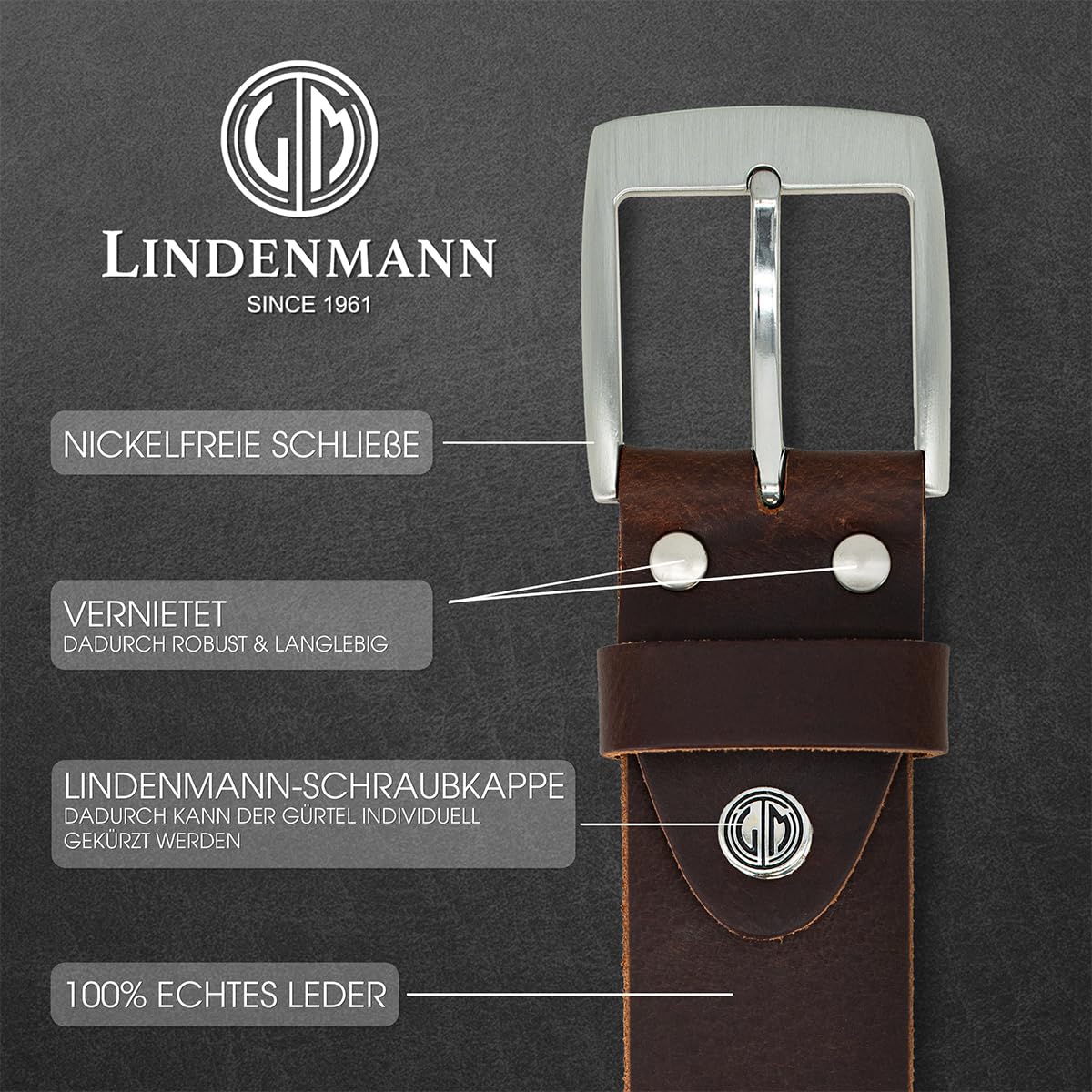LINDENMANN Leder-Gürtel Herren 40 mm breit, Gürtel Herren Vollledergürtel aus Büffelleder braun 3