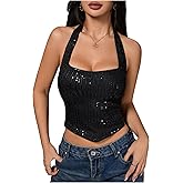 MakeMeChic Women's Sequin Sparkly Halter Crop Tops Backless Party Tank Clubwear