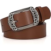 WOWOGO Vintage Flower Womens Leather Belt for Jeans Dress Fashion Waist Belt Ladies Belts with Black Buckle