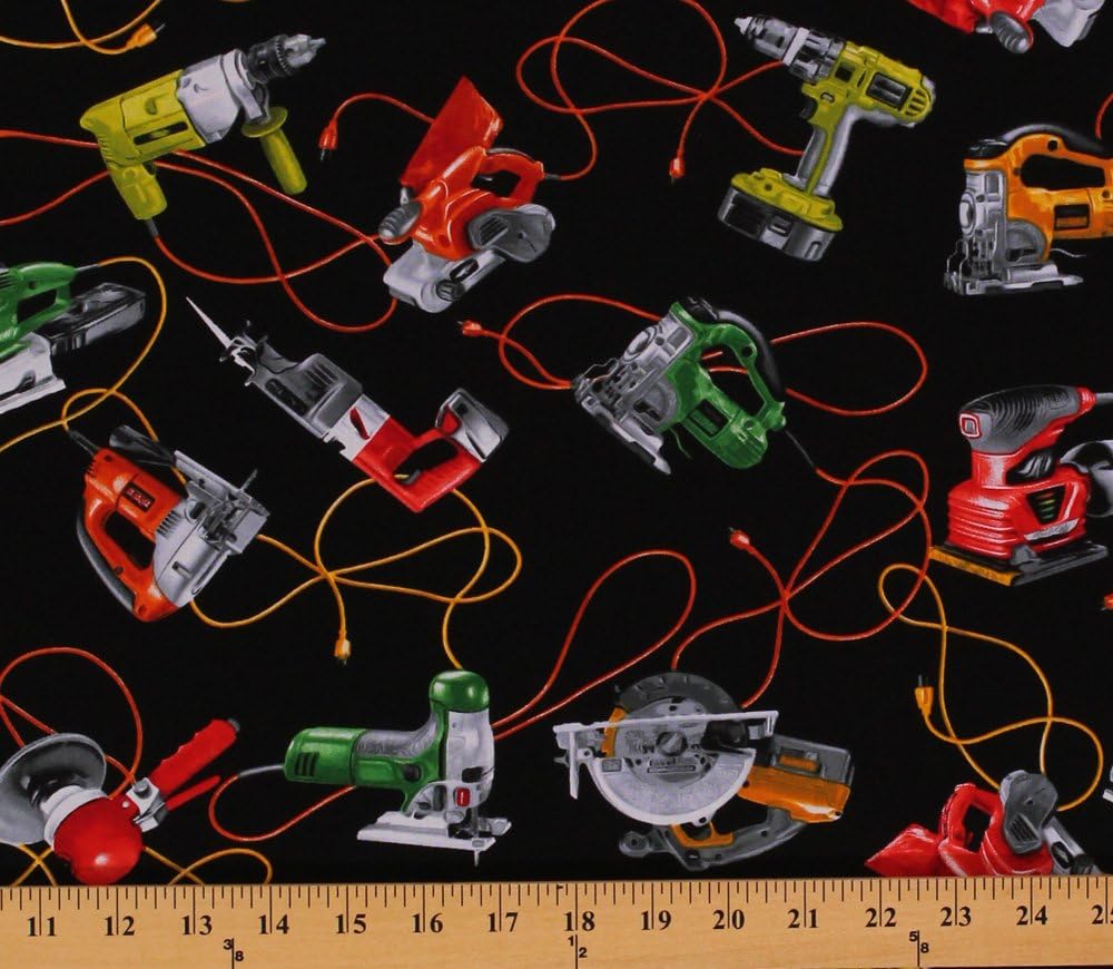 Cotton Man Cave Power Tools Kanvas Black Cotton Fabric Print by the Yard 5982-12