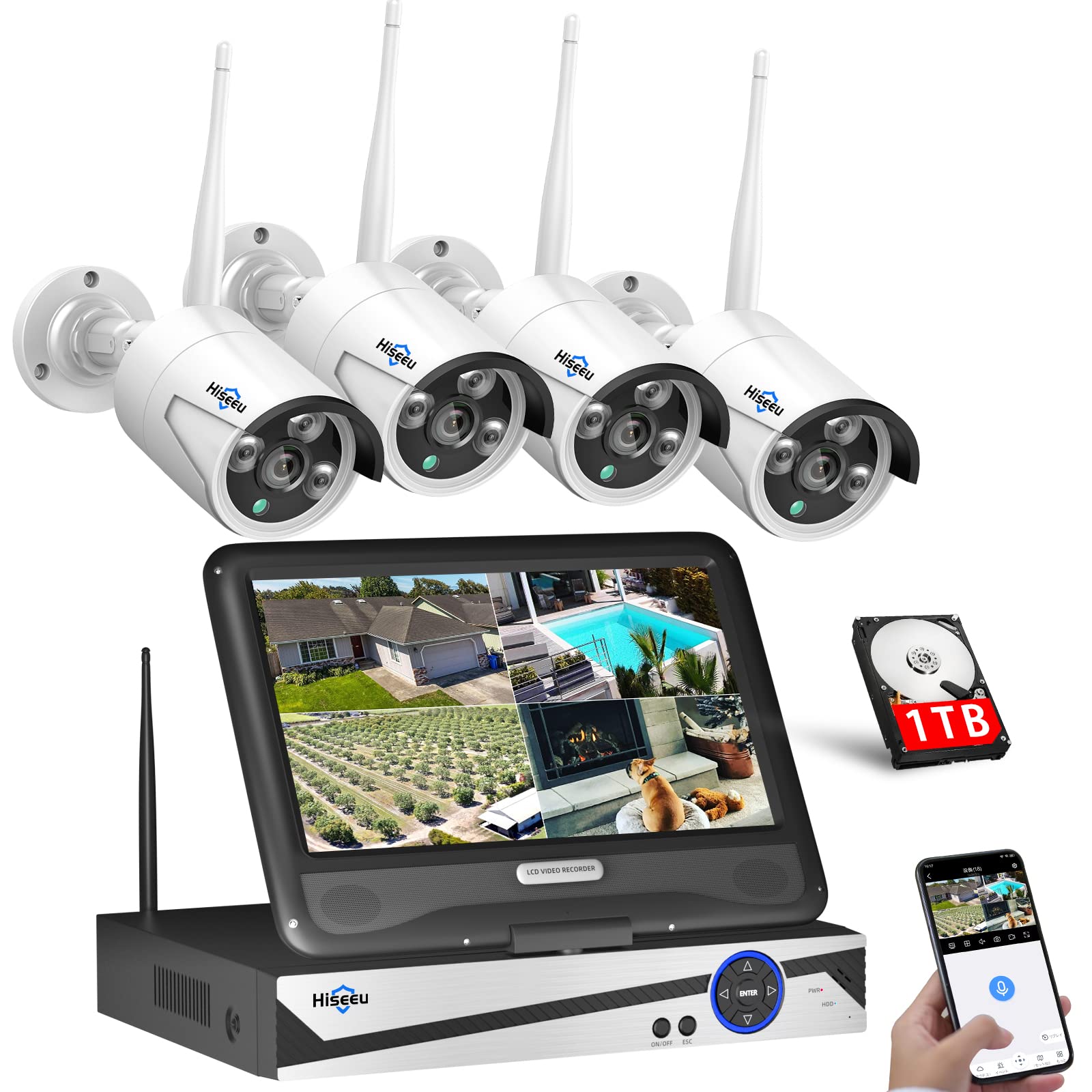 【500万画素】ワイヤレス防犯カメラセット Hiseeu 屋外セキュリティカメラ 10.1イン NVR 10チャンネルまで増設可 カメラ4台 カメラ 遠隔監視 防水等級ip66 動態検知 屋内/屋外 防犯カメラ (カメラ4台＋8チャンネル録画機＋1TB HDD)商品画像