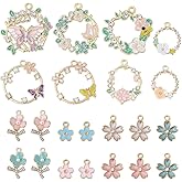 SUNNYCLUE 1 Box 30Pcs 15 Styles Enamel Flower Charms Enamel Dangle Charms Aesthetic Wreath Ring Butterfly Metal Colorful Assorted Alloy Pendants for Jewelry Bracelets Necklace DIY Craft Accessories