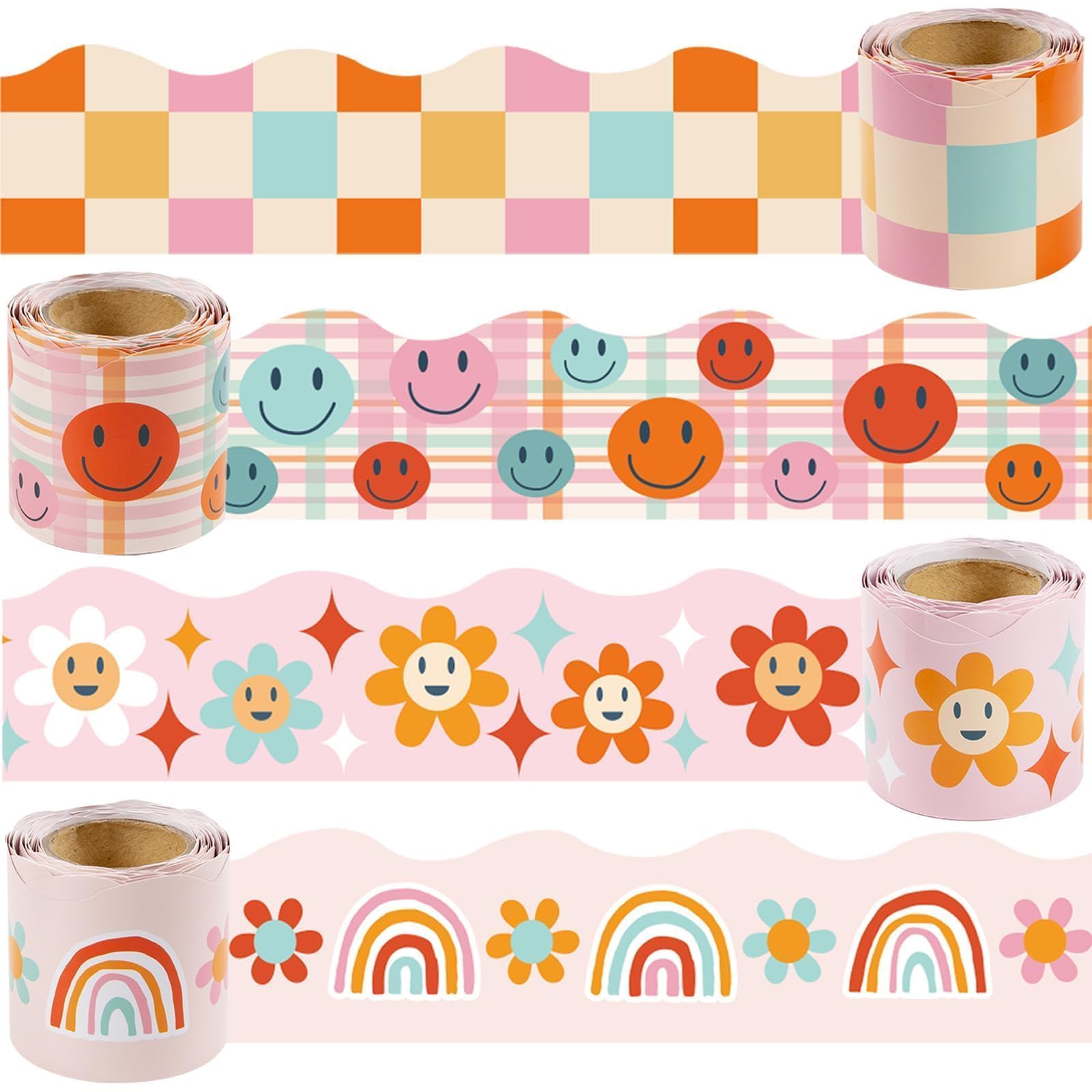 Photo 1 of Boho Bulletin Board Borders Retro Classroom Decoration, 120Ft Groovy Bulletin Board Border Classroom Rainbow Decor Colorful Trim Border for Teacher School Supplie, 4 Rolls