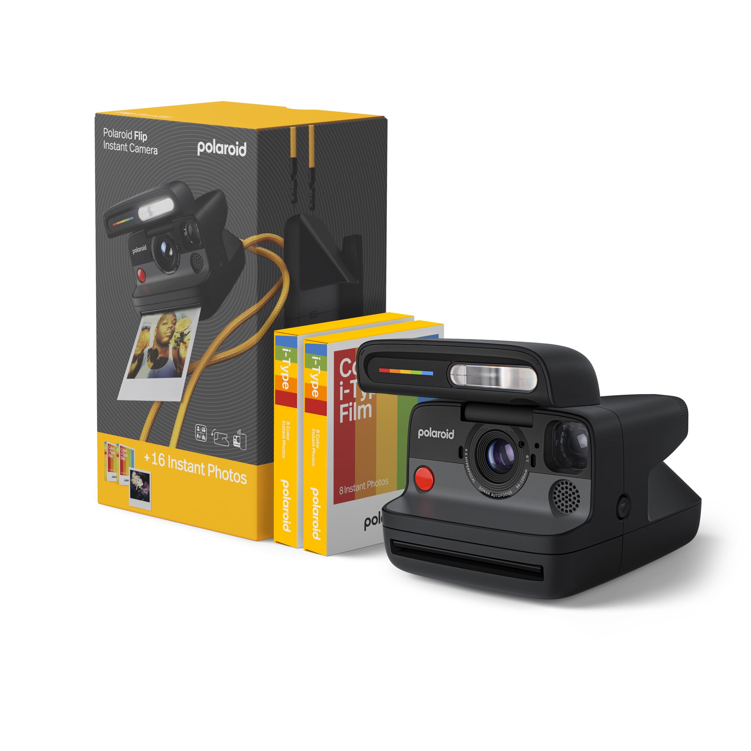 Photo 1 of Polaroid Flip Instant Camera + Color Film Bundle (16 Photos Included) - Black (6565) - Hyperfocal 4-Lens System, Sonar autofocus, and Sence Analysis with Bluetooth paired Companion app