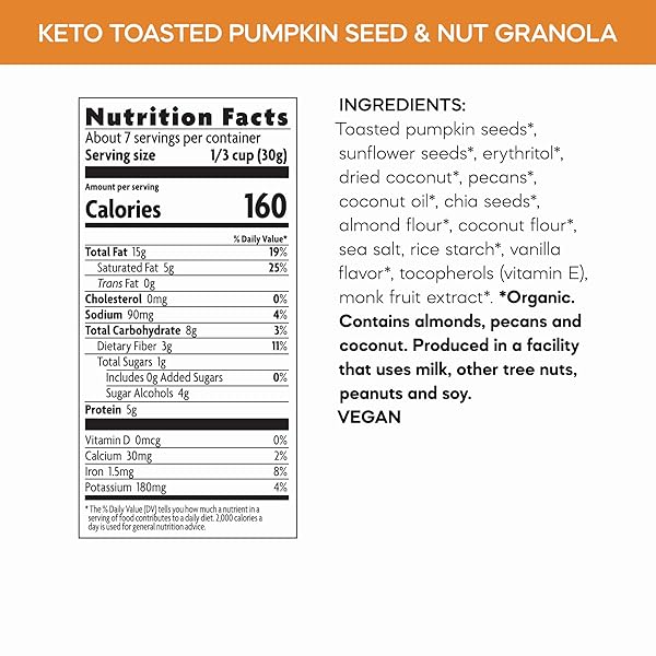 NATURE’S PATH ORGANIC KETOLA CRUNCH® TOASTED PUMPKIN SEED & VANILLA NUT GRANOLA, 8 OZ (PACK OF 1), GLUTEN FREE, NON-GMO