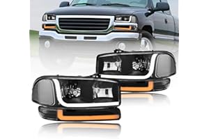 Fullux LED DRL Headlights Assembly Compatible with 1999-2007 GMC Sierra/2000-2006 Yukon XL 1500 2500 Replacements Clear Reflector Black Housing