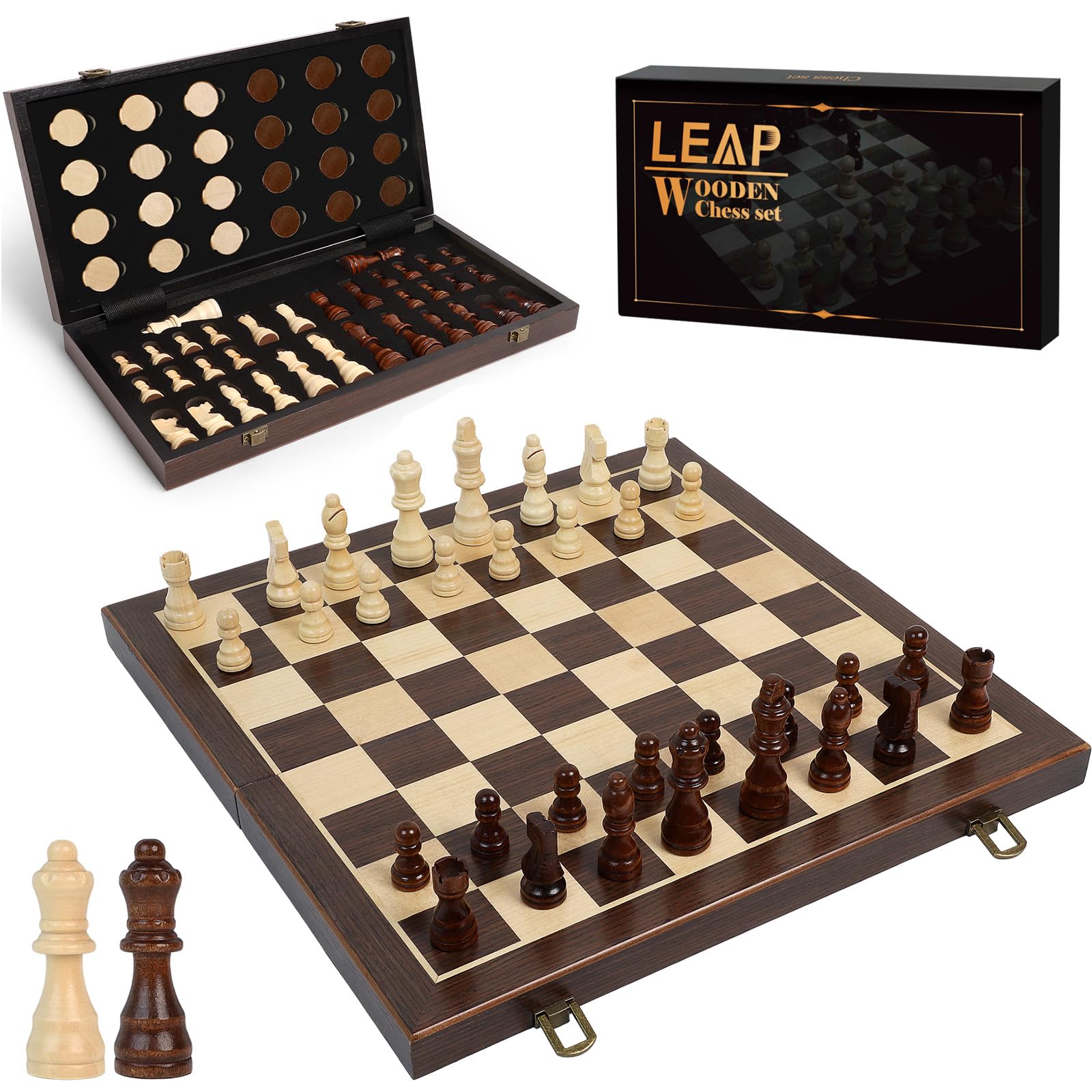 LEAP 15" Wooden Chessboard / 3" King Height Chess Pieces Portable Travel Chessboard Folding Board - Artificial Ebony & Maple Inlay