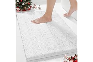 Yimobra Bathroom Rug Mat, Non Slip and Super Absorbent Bath Mat, Machine Washable Quick Dry, Ultra Plush Chenille Shower Rugs for Bathroom Floor Sink Tub and Shower Outside, White, 24 x 17