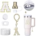 Mity rain 6pcs Cup Accessories Set for Stanley Cup 30 oz 40 oz Tumbler with Handle, Including Straw Cover Cap, Cup Initials Charm, Sticker, Silicone Boot, Round and Square Spill Proof Stopper,Letter A