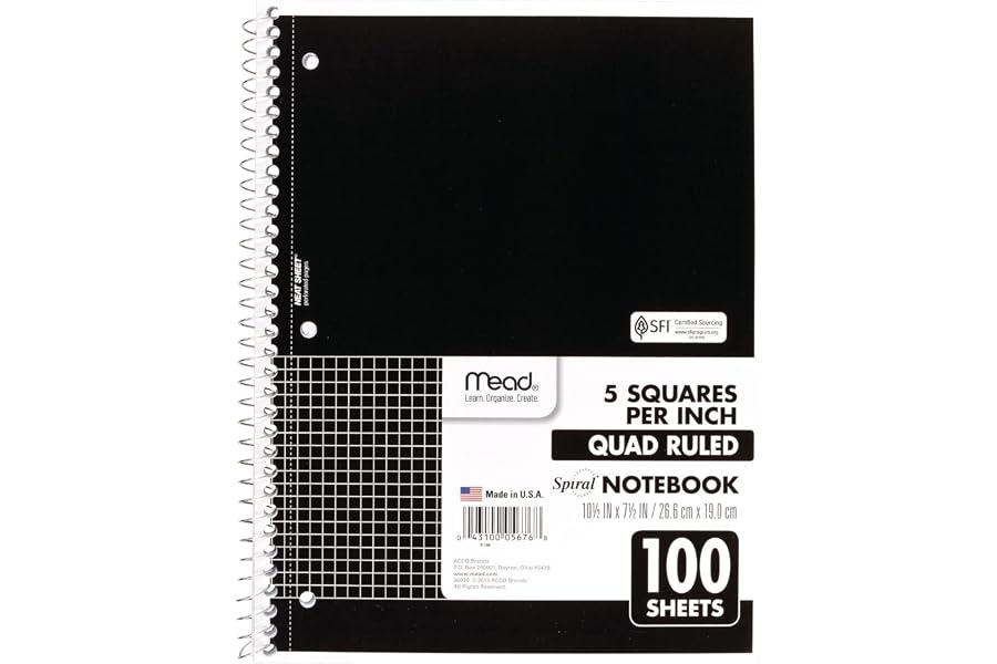 Mead Spiral Notebook, 1 Subject, Graph Ruled Paper, 7-1/2" x 10-1/2", 100 Sheets, Black (05676AA5)