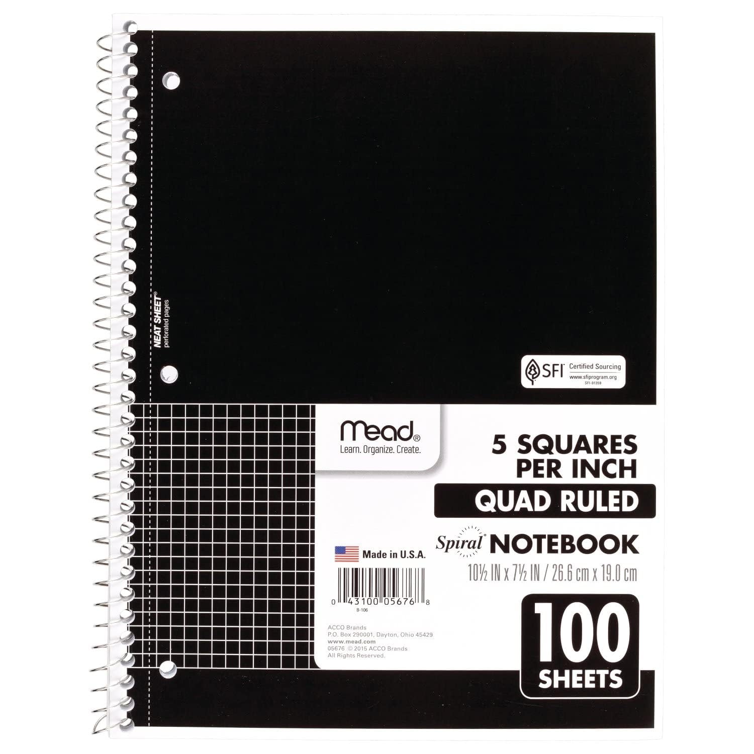 Photo 1 of Mead Spiral Notebook, 1 Subject, Graph Ruled Paper, 7-1/2" x 10-1/2", 100 Sheets, Black (05676AA5)