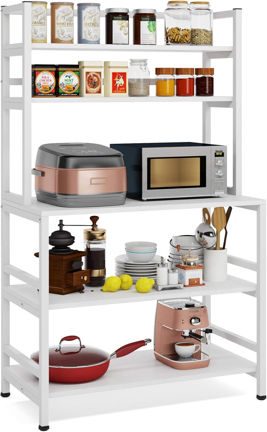 Tribesigns 5-Tier Kitchen Bakers Rack with Hutch, Industrial Microwave Oven Stand, Free Standing Kitchen Utility Cart Storage Shelf Organizer (White) - Standing Baker's Racks