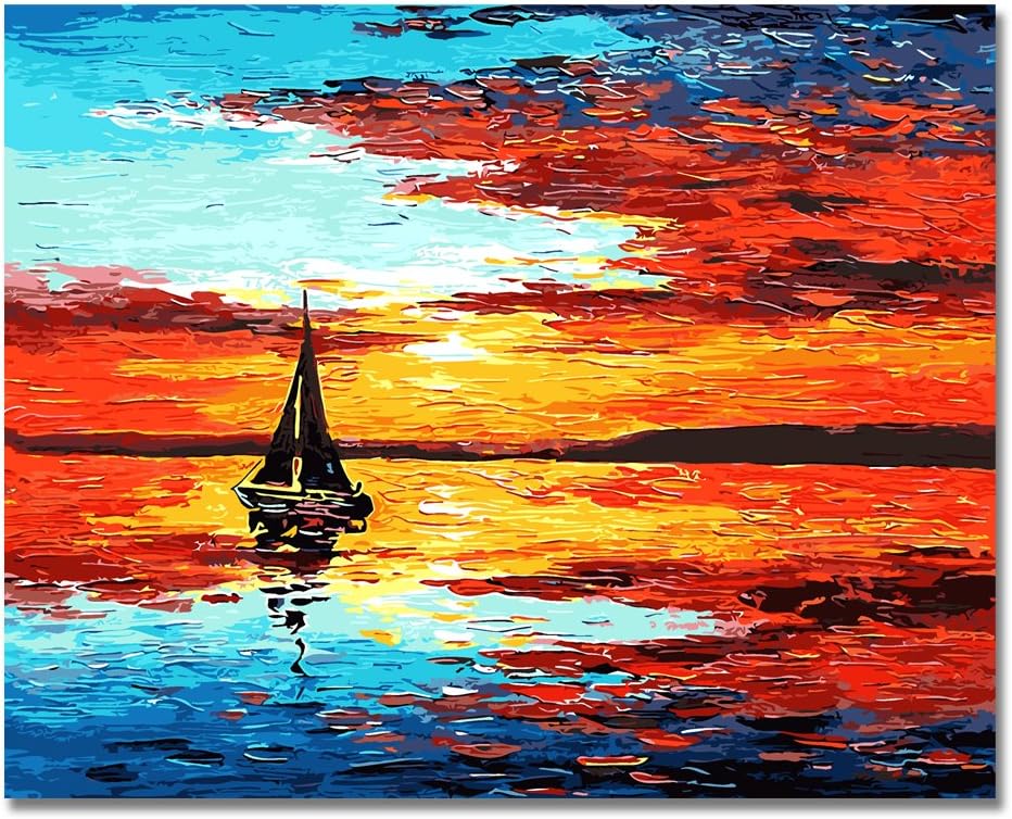 RIHE Wood Frame, Paint by Numbers DIY Oil Painting Sailing Boat From Skyline Horizon Canvas Print Wall Art Home Decoration
