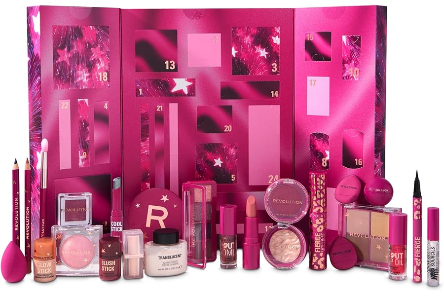 Revolution Makeup Advent Calendar 2025, 24-Piece Beauty Gift Set for Lips, Eyes, & Face, Features Essential Cosmetics & Tools, Vegan & Cruelty-Free