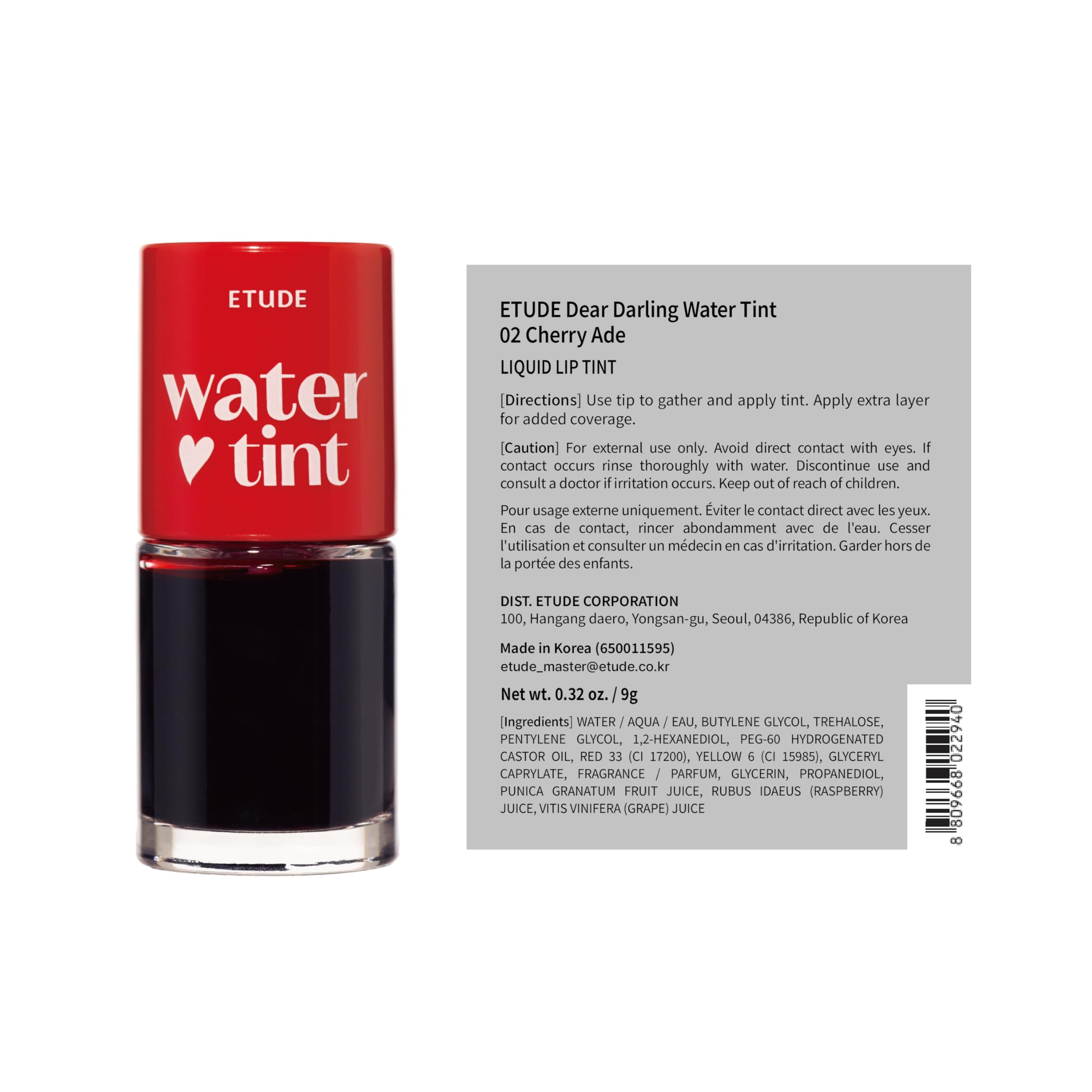 ETUDE Dear Darling Water Tint - Cherry Ade (9g) | Vivid Color Lip Stain with Moisturizing Weightless & Non-sticky Finish Lip Stain | Smudge-proof Lip Tint | Korean Makeup, Kbeauty